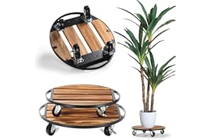 PRAQECZ 2 Pack Plant Caddy with Wheels,14" + 12" Rolling Plant Stand 264 LB Heavy Duty, Iron and Wood Round Plant Dolly with Metal 360° Lockable Wheels for Outdoor Indoor Large Plant Pots, Patio, Flower Pot