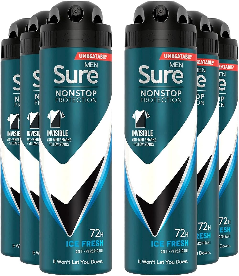 Sure Men 72H Antiperspirant 150ml Ice Fresh Deodorant Spray Pack of 6 - 72hr