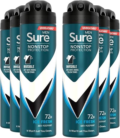 Sure Men 72H Antiperspirant 150ml Ice Fresh Deodorant Spray Pack of 6 - 72hr