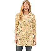 Woman Within Plus Size Perfect Printed Three-Quarter-Sleeve Scoopneck Tunic