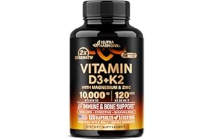 NUTRAHARMONY Vitamin D3 K2 - Vitamin D3 10000 iu & K2 as MK-7 120 mcg - Immune & Mood Support, for Bone & Teeth Health - with Magnesium, Zinc & Vitamin C & B12 - Highly Bioavailable - Made in USA, 120 Capsules