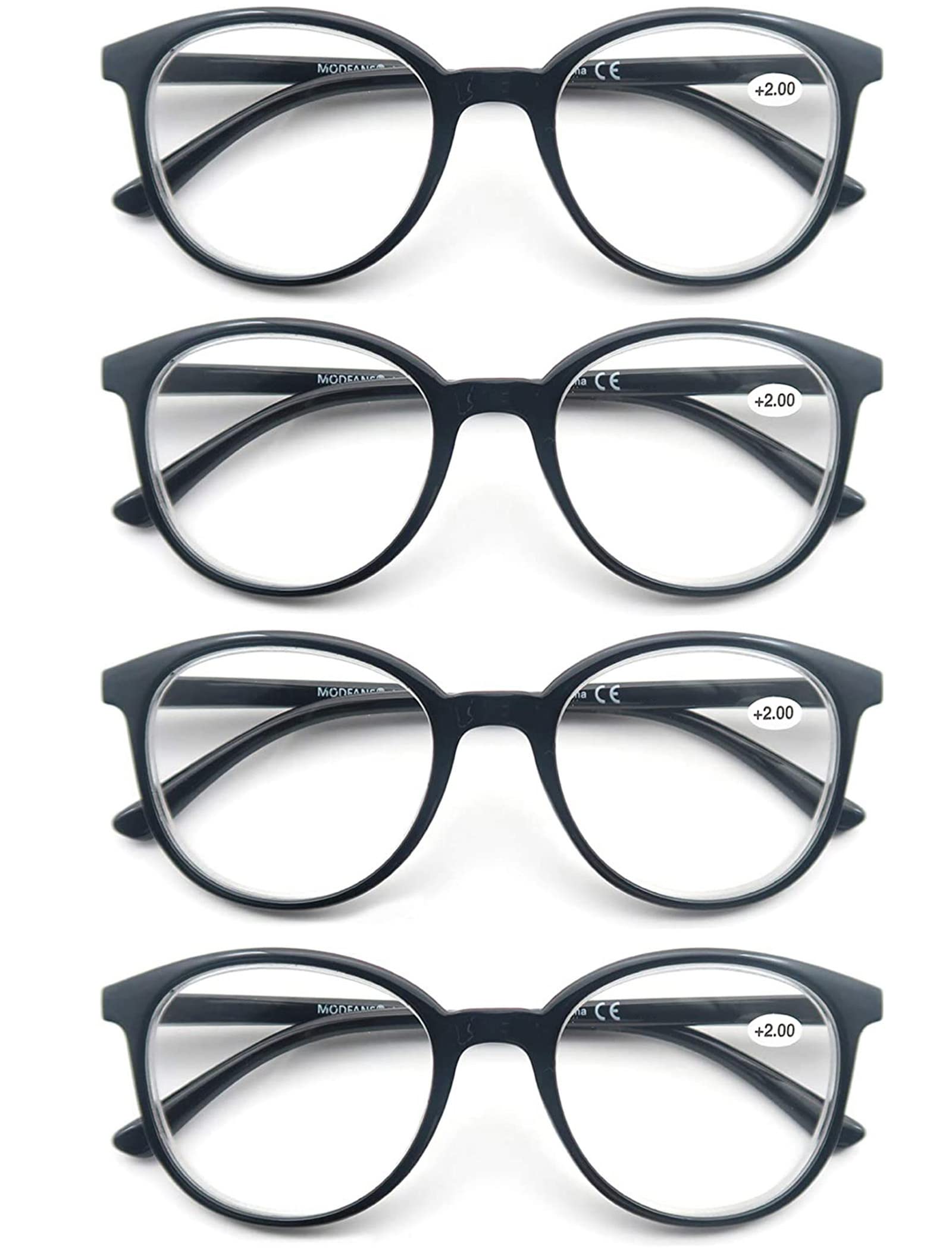 MODFANS 4-Pack Reading Glasses Fashion Printed for Men Women,Readers Glasses Round Frame Comfort Spring Hinges,Eyeglasses(4 Black)