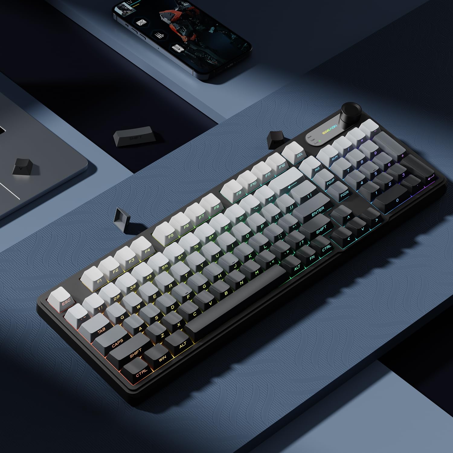 Photo 1 of EWEADN V102 Wireless Keyboard, 99 Keys Membrane Gaming Keyboard with Smart Display & Knob, Bluetooth/2.4GHz/USB-C Computer Keyboards, Wireless RGB Keyboards for MAC Xbox PC Gamer-Gradient White