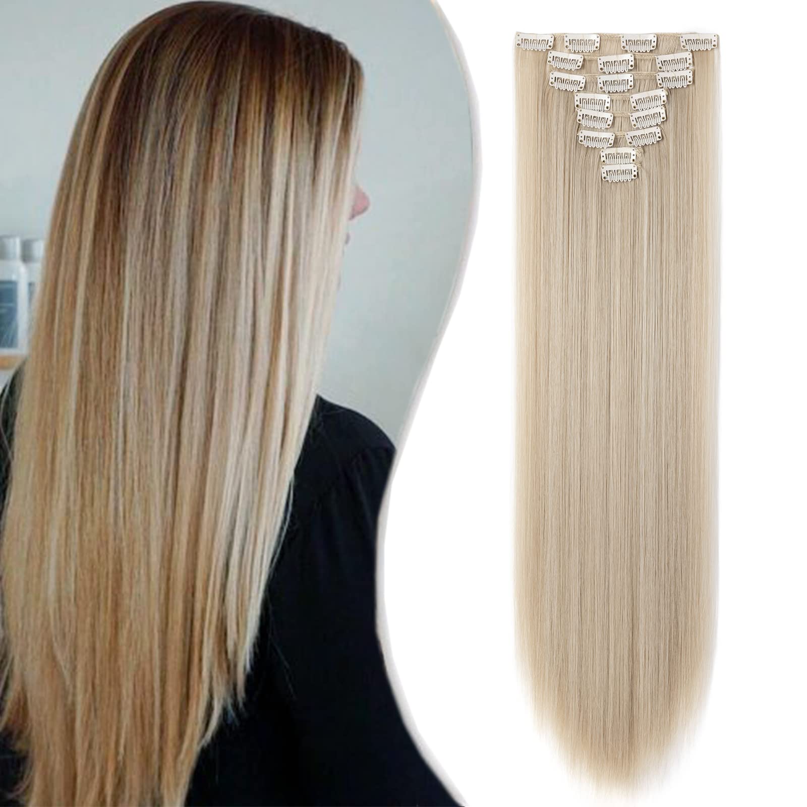 8 Pieces 18 Clips Hair Extension Synthetic Straight Clip In Hairpieces Matte Material For Women Beauty, 26 Inch, Ash Blonde Mix Bleach Blonde — image 1