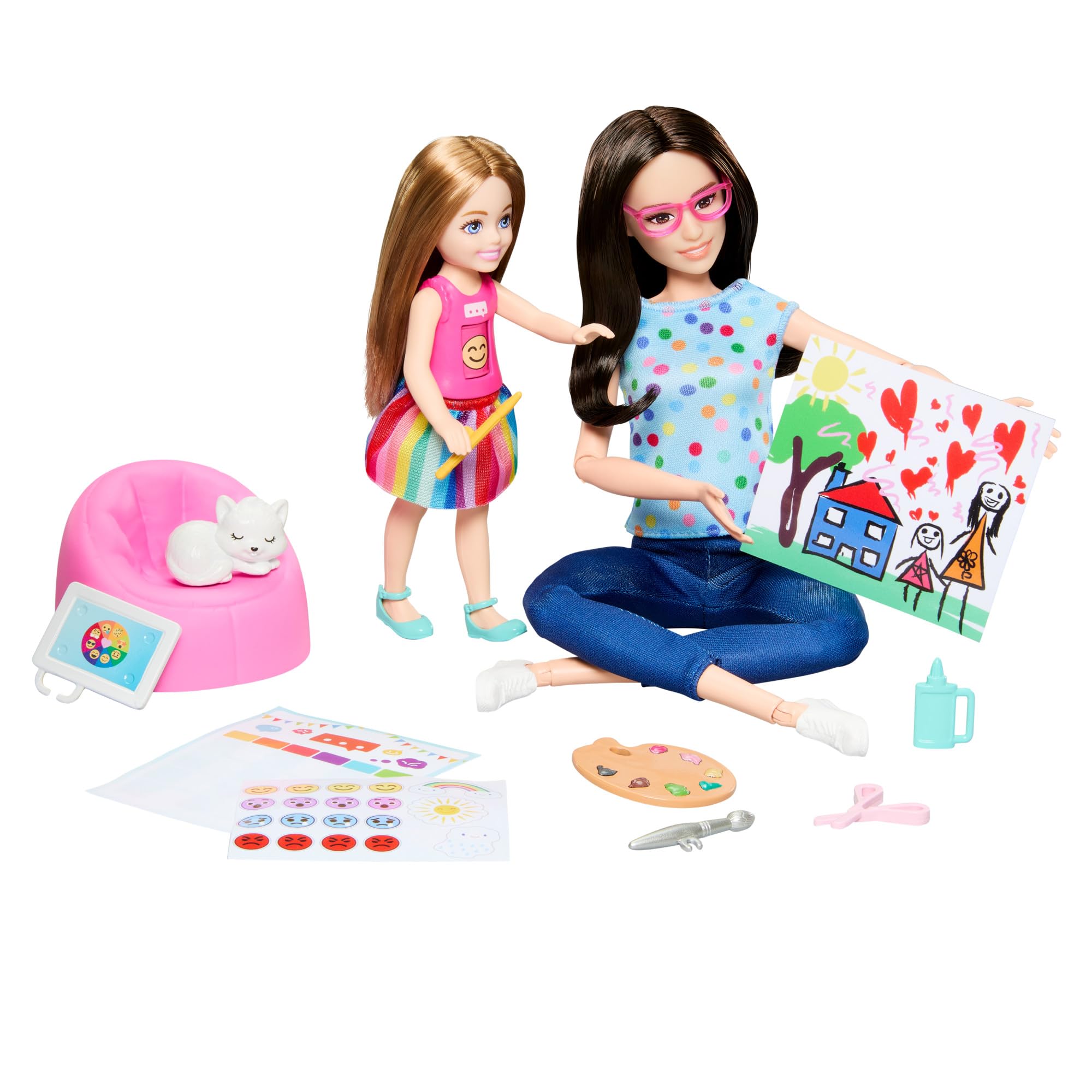 Barbie Art Therapy Playset with Therapist Doll, Small Doll with Rotating Emoji Shirt & Accessories Including Pet, 65th Anniversary Collectible, HRG48