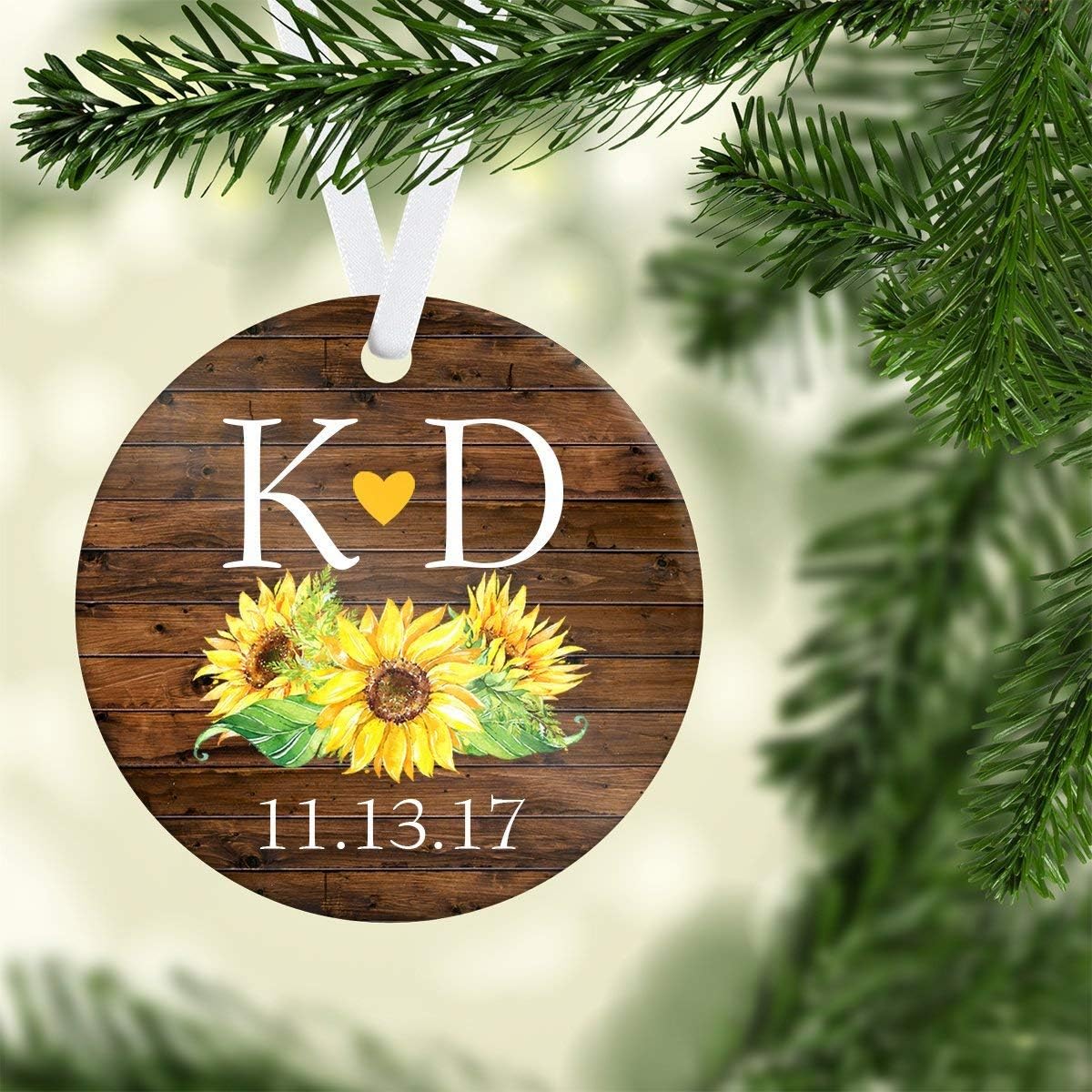 Just Married Ornament, Wedding Gift,Ornament Wedding Gift, Newlywed ornament, Porcelain Ornament, 3" Flat Circle Christmas Ornament with Glossy Finish,Ribbon & Free Gift Box