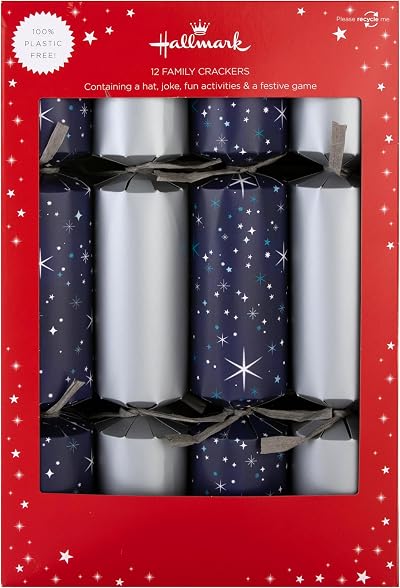 Hallmark Christmas Crackers 12 Pack 2 Silver & Blue Starry Designs Snakes &