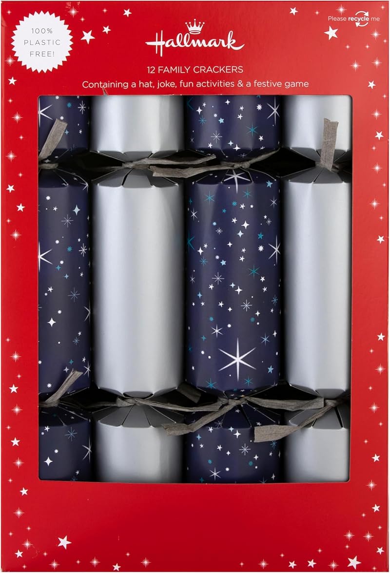 Hallmark Christmas Crackers 12 Pack 2 Silver & Blue Starry Designs Snakes &