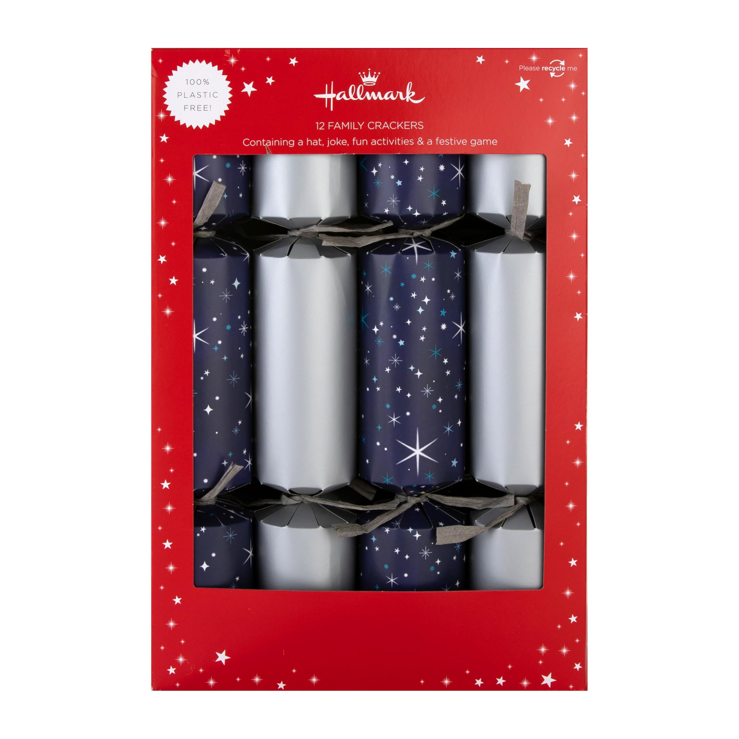 Hallmark Christmas Crackers, 2 Silver & Blue Starry Sky Designs, Pack of 12 in 2 Designs, Snakes & Ladders, Silver & Blue