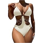 OYOANGLE Women's Ring Linked Cut Out One Piece Swimsuits Textured Tie Backless Halter Bathing Suit Monokini