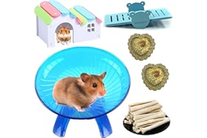 Hamiledyi Hamsters Flying Saucer Silent Mouse Wheel Small Gerbil Running Exercise Toy Kit with Rainbow House Seesaw Grass Cake Sweet Bamboo Snacks for Dwarf Mice 10 Pcs