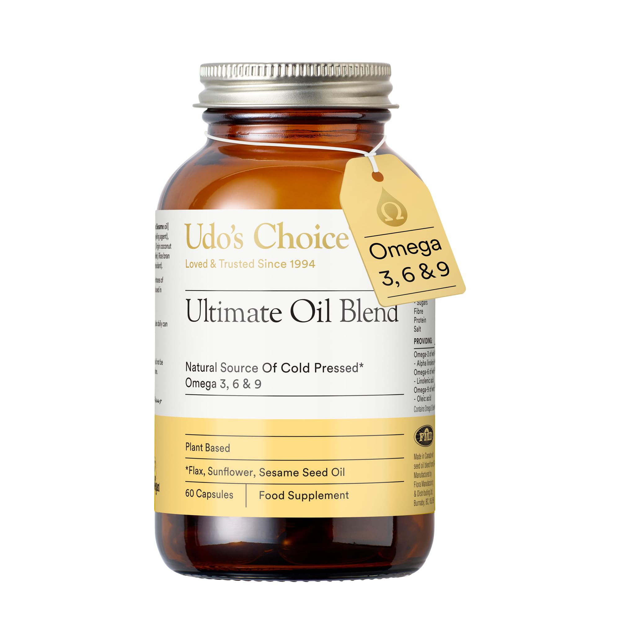 Udo's Choice Ultimate Oil Blend Capsules - Vegan Omega 3 6 9 from Cold-Pressed Plant Oils - Flaxseed, Evening Primrose, Sunflower - Heart, Brain, Skin, Hormone Support - 60 Capsules – 30 Servings