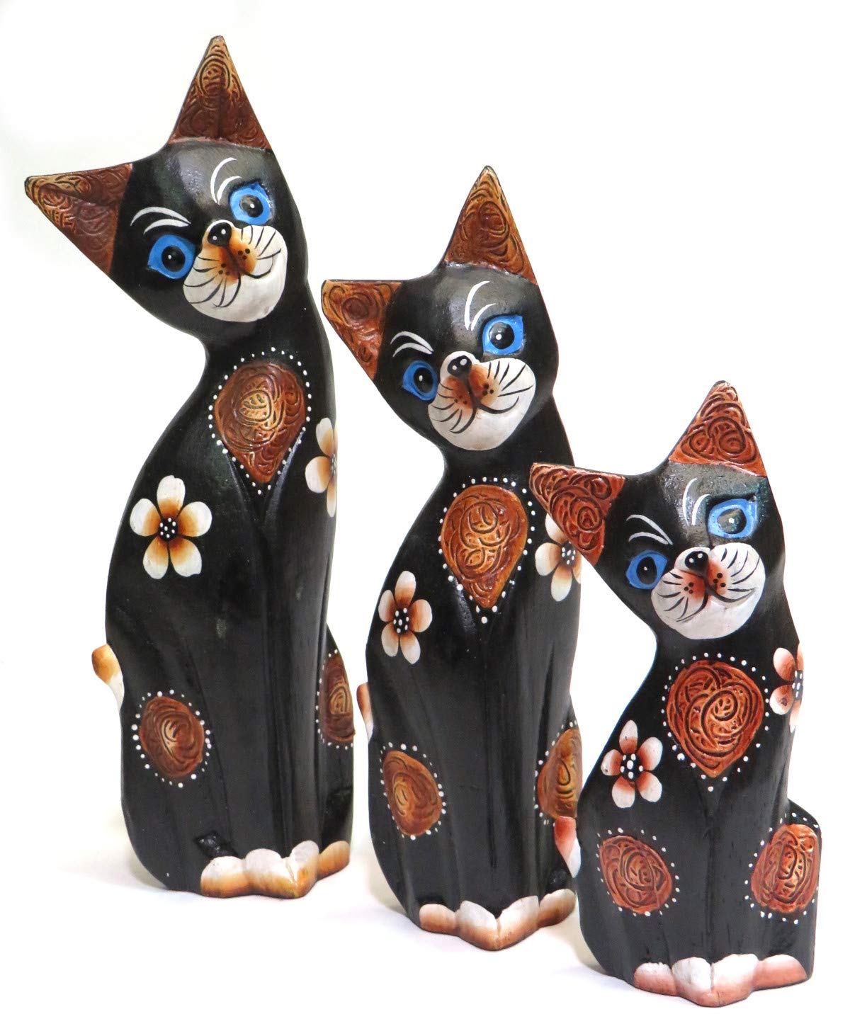 Purity Style Wooden Cat Gift Fair Trade, Hand Carved Set of 3 Painted Cats - 26cm, 19cm and 14cm tall
