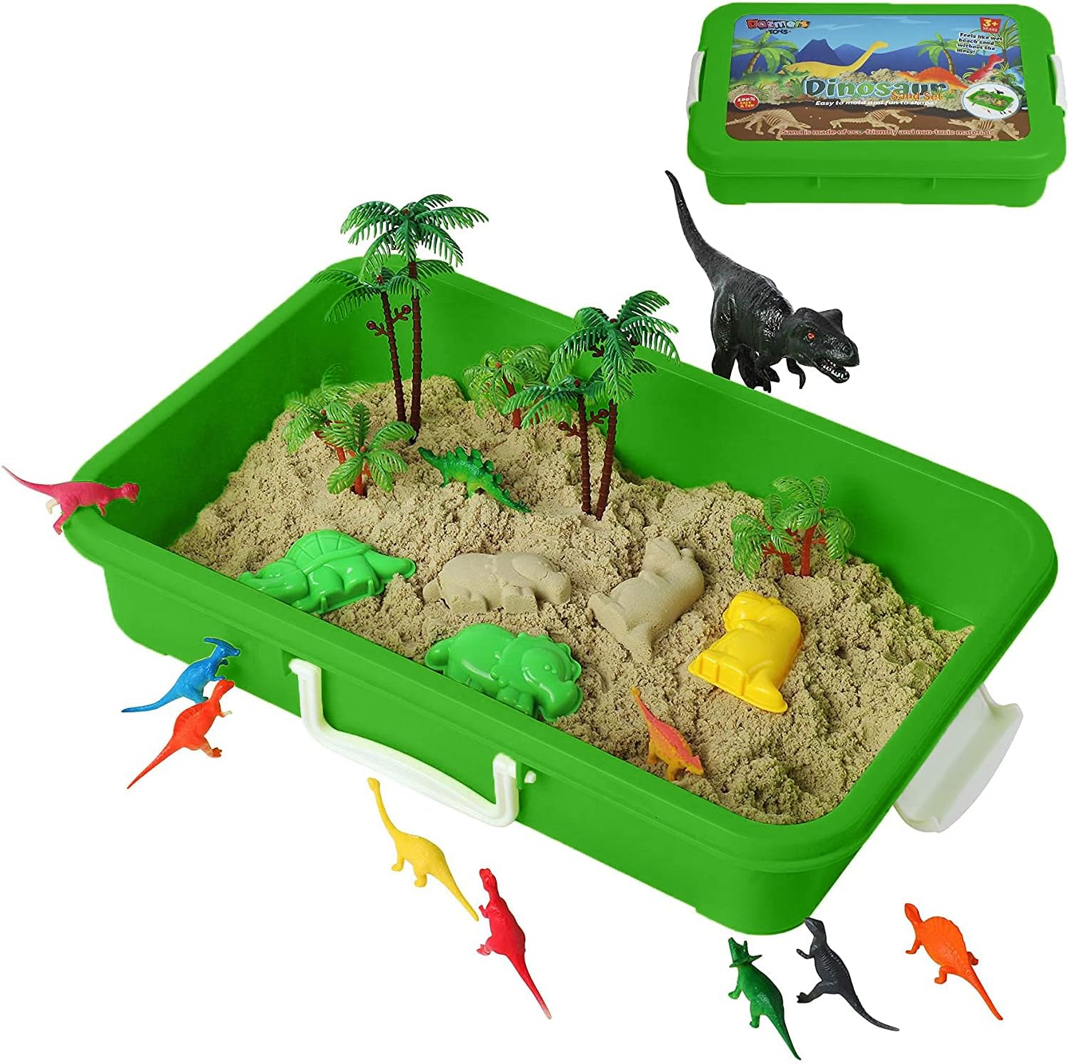 Dinosaur Play Sand Kit - 2 Bags of Sand and 34 Pieces - Feels Like Wet Sand Without The Mess - Comes with Bin, Lid, Dinosaur Figures, Dino Molds, Trees, Fences - Safe, Sensory Experience for Kids