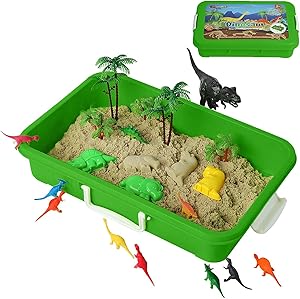 Dinosaur Play Sand Kit - 2 Bags of Sand and 34 Pieces - Feels Like Wet Sand Without The Mess - Comes with Bin, Lid, Dinosaur Figures, Dino Molds, Trees, Fences - Safe, Sensory Experience for Kids