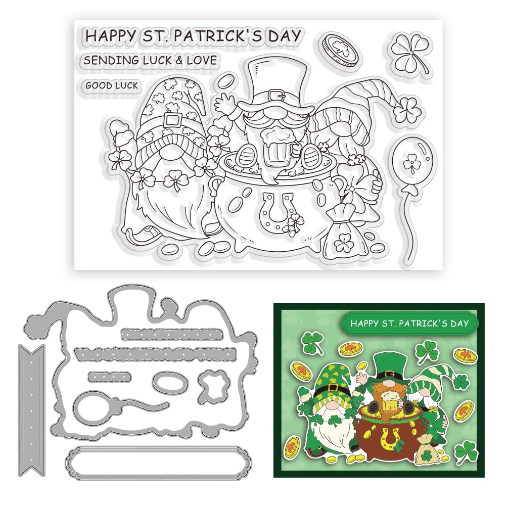 ORIGACH Saint Patrick's Day Gnomes Clear Stamps and Dies Set for Card Making Saint Patrick's Silicone Stamps Cutting Dies for DIY Scrapbooking Journaling Photo Album Crafts Suppplies