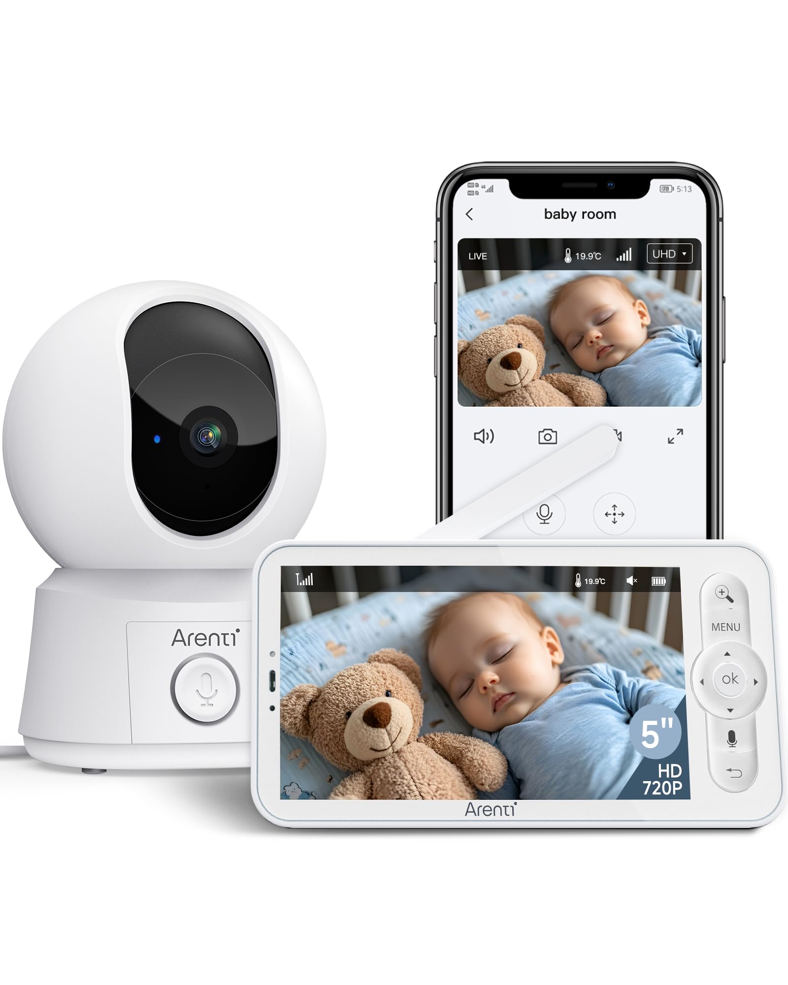 ARENTI 1080P Wi-Fi Smart Baby Monitor with Camera and App,Night Vision,5 Inch Split Screen,3350mAh Battery,PTZ,Auto Tracking,300m Long Range,Room Temperature Monitor,Cry&Motion Detection,2 Way Audio