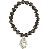 T. VICTORIA - Pyrite Natural Healing Crystal Gemstone Prosperity Wealth Solar Plexus Chakra Gold Hamsa Hand Beaded Stretch Br