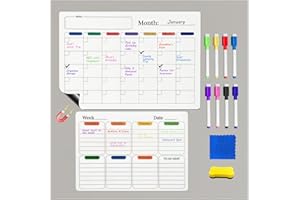 Dry Erase Magnetic Calendar Refrigerator - 2PCS Set A3 A4 Size Planner, No Ghosting, Strong Magnet, Easy Clean, Whiteboard Ca