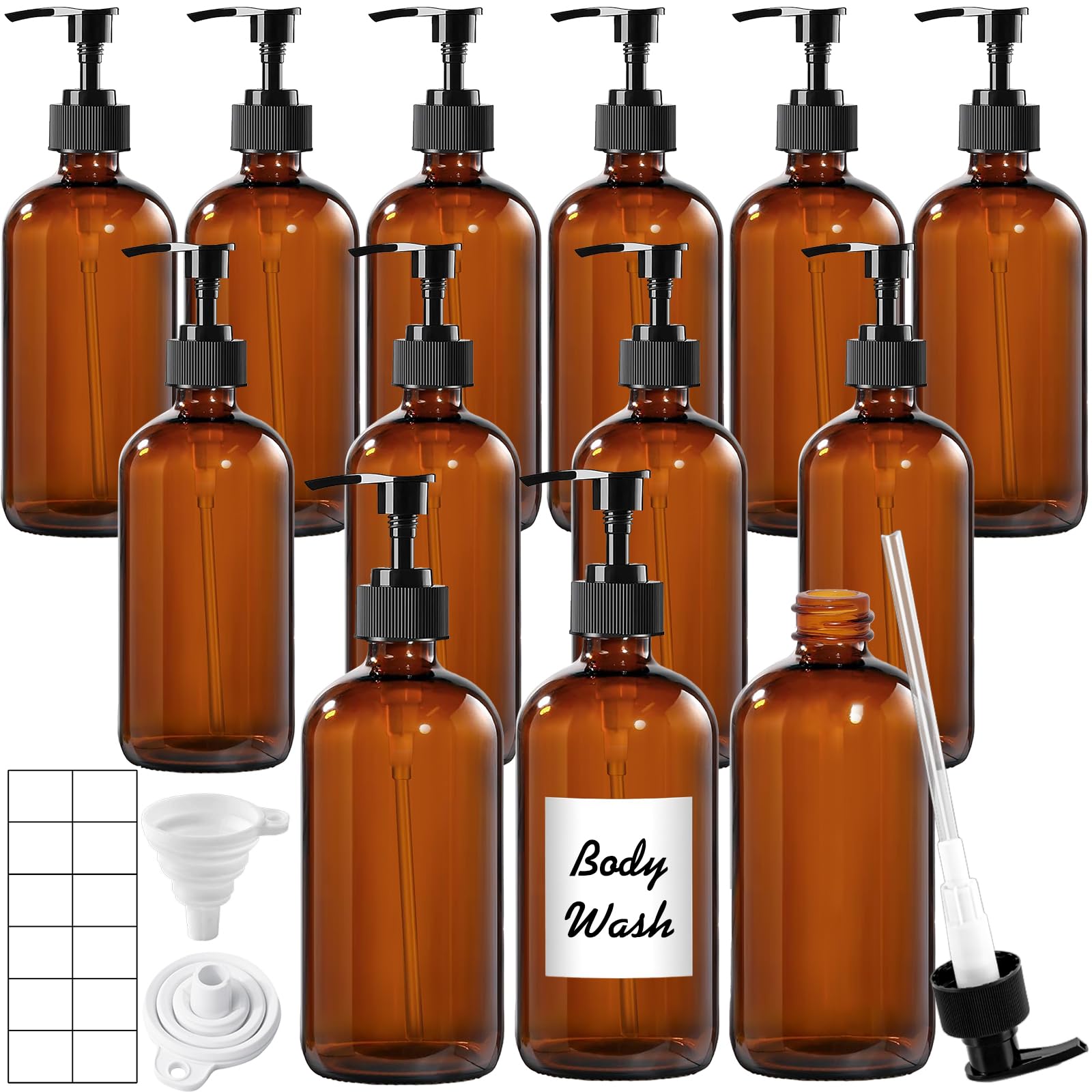 Photo 1 of 12 Pack Amber Glass Bottles 16oz with Pump Dispensers, Refillable Empty Pump Bottles for Bathroom, Kitchen, Shampoo, Soap, Lotion – Includes 2 Funnels & 12 Labels