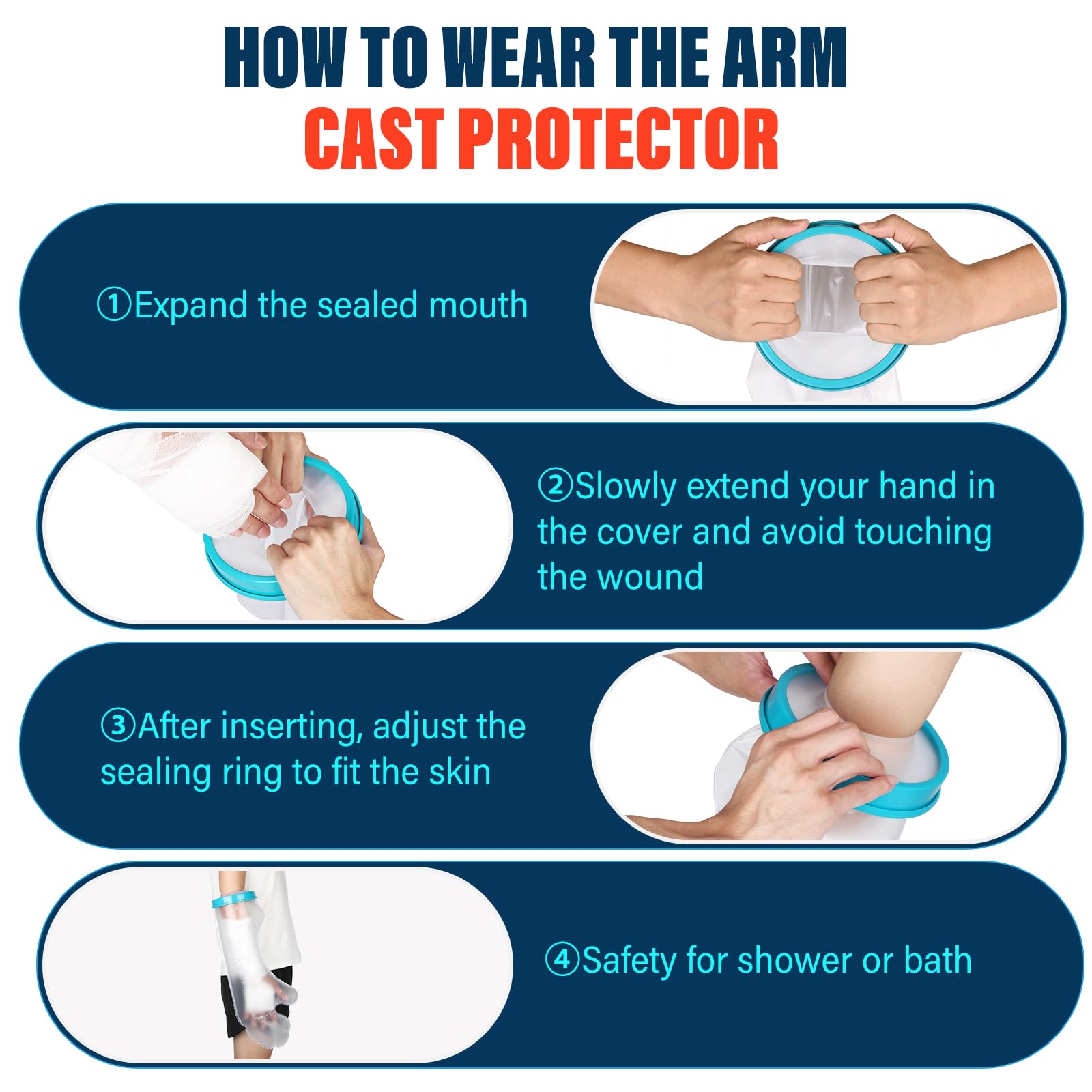 Waterproof Cast Covers for Shower Arm Adult Cast Cover Protector Shower Bag to Keep Wounds Dry for Arm, Hands, Wrists, Elbow, Fingers [2025 New Reusable]