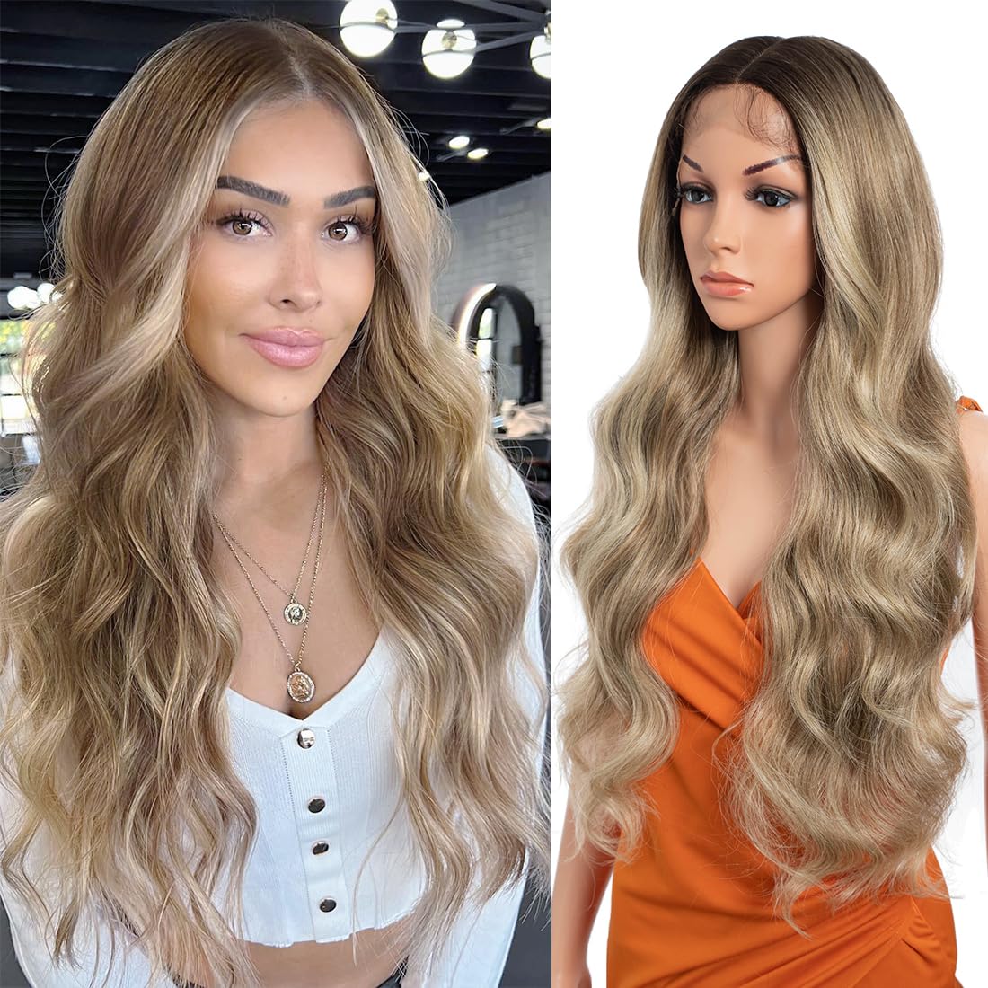 Body Wave Wig Lace Front Wig Pre Plucked Ready to Wear HD Glueless 13X5X1 Synthetic Lace Front Wigs for Women 180 Density 30inch, Black and Blonde Wig Body Effortless Chic(TATHL 10A/6C/24J)