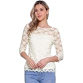 Allegra K Floral Lace Top for Women's 3/4 Sleeve Crew Neck Casual Elegant Blouse
