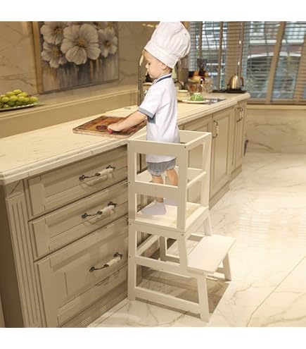 Montessori Kitchen Tower Stool For Toddlers 1-3 Years - Natural Pine Wood Learning Helper Supports 200 Lbs