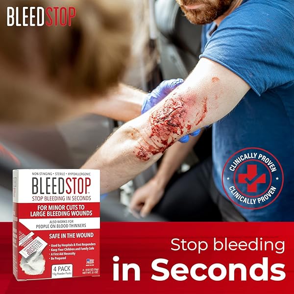 BLEEDSTOP™ FIRST AID POWDER FOR BLOOD CLOTTING, TRAUMA KIT, BLOOD THINNER PATIENTS, CAMPING SAFETY, AND SURVIVAL EQUIPMENT FOR MODERATE TO SEVERE BLEEDING WOUNDS OR NOSEBLEEDS – 4 (15G) POUCHES