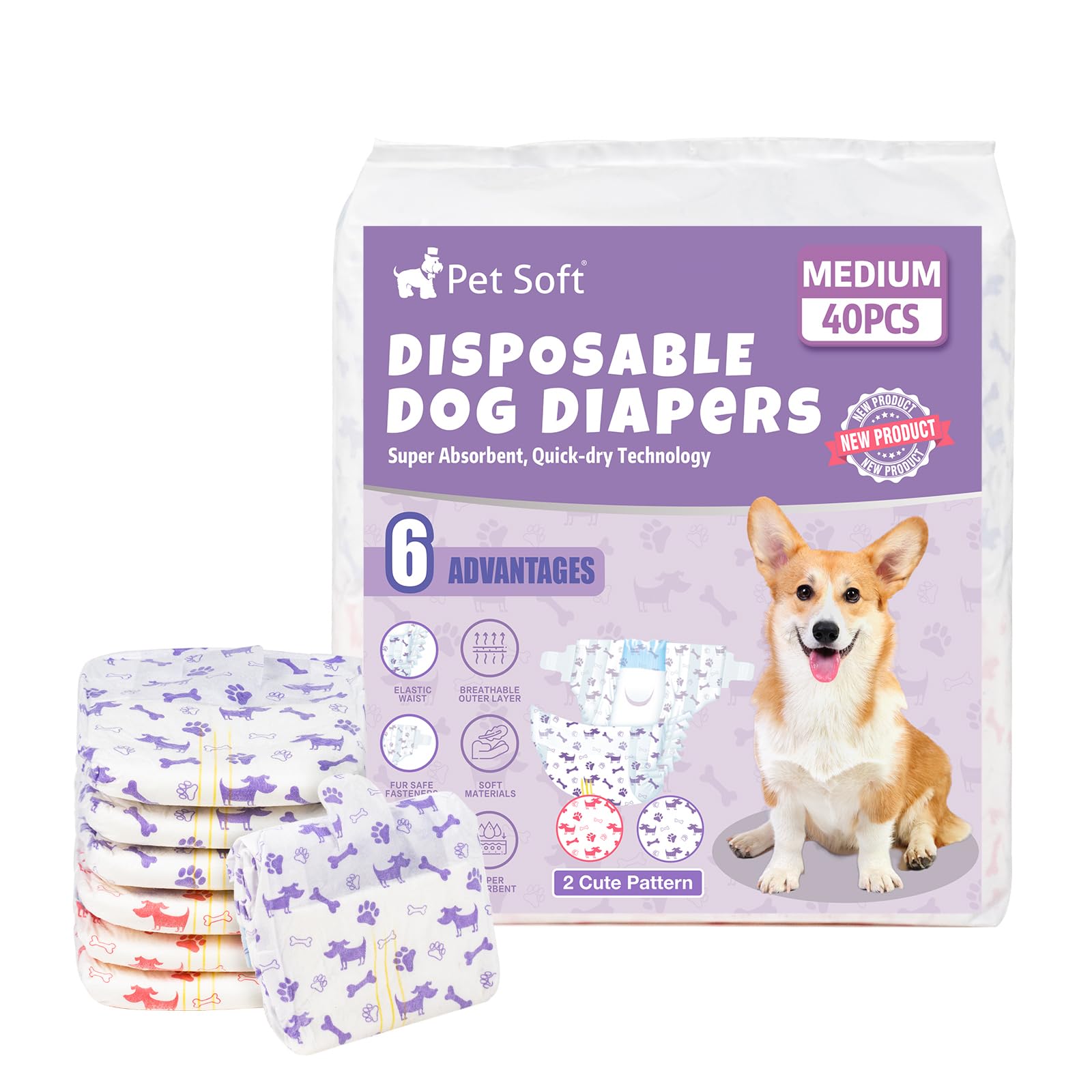 Pet Soft Dog Nappies Female, 40 Count Disposable Dog Period Season Pants, Super Absorbent Disposable Dog Diapers for Female Dogs with Wetness Indicator