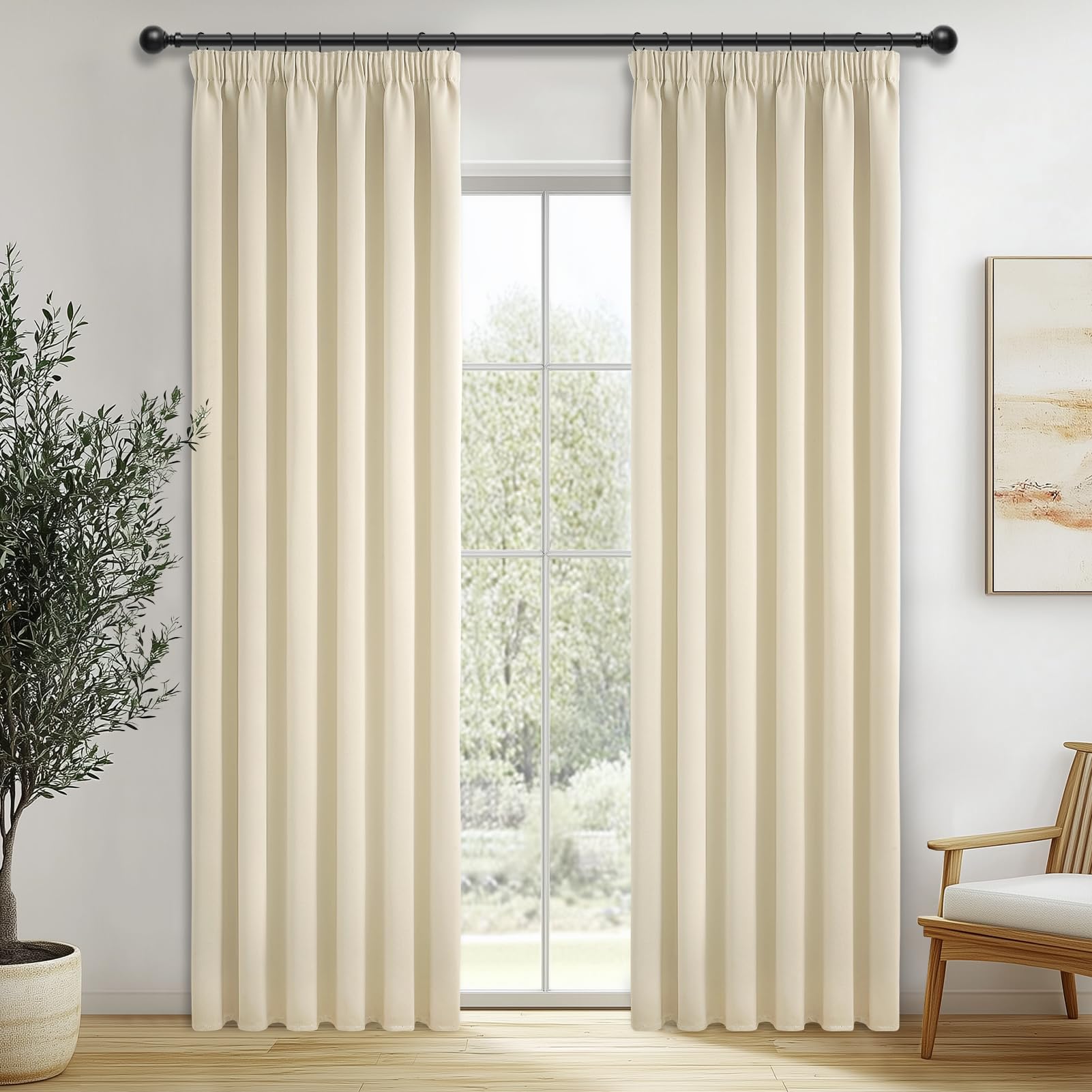 MRTREES Blackout Curtains 96 Drop 2 Panels Beige Pencil Pleat Thermal Curtains for Bedroom Living Room Soft Window Treatments for Kids 55x96 Inch 140x245 CM