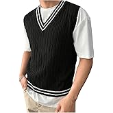 SOLY HUX Men's Striped Cable Knit Sweater Vest V Neck Sleeveless Casual School Sweater Tops