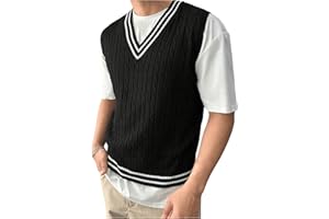 SOLY HUX Men's Striped Cable Knit Sweater Vest V Neck Sleeveless Casual School Sweater Tops