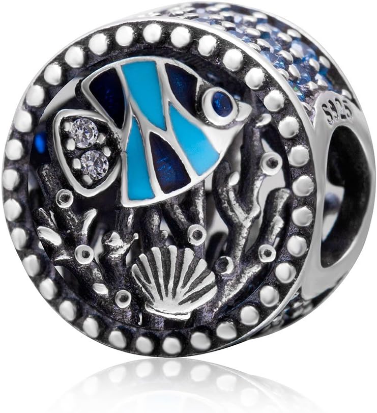 Ocean Life Charm Sea Fish Coral Seashell Charm with Multi-Colored CZ 925 Sterling Silver Summer Bead with Clear Cubic Zircon for European Charms Bracelet