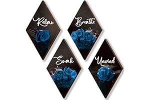 ONIZHITY Set of 4 Blue Bathroom Decor Rose Wooden Wall Decor Flower Rustic Romantic Floral Farmhouse Blue Wall Decor Modern Breathe Soak Unwind Relax Signs for Room Kitchen Bathroom (blue 12 x 7)