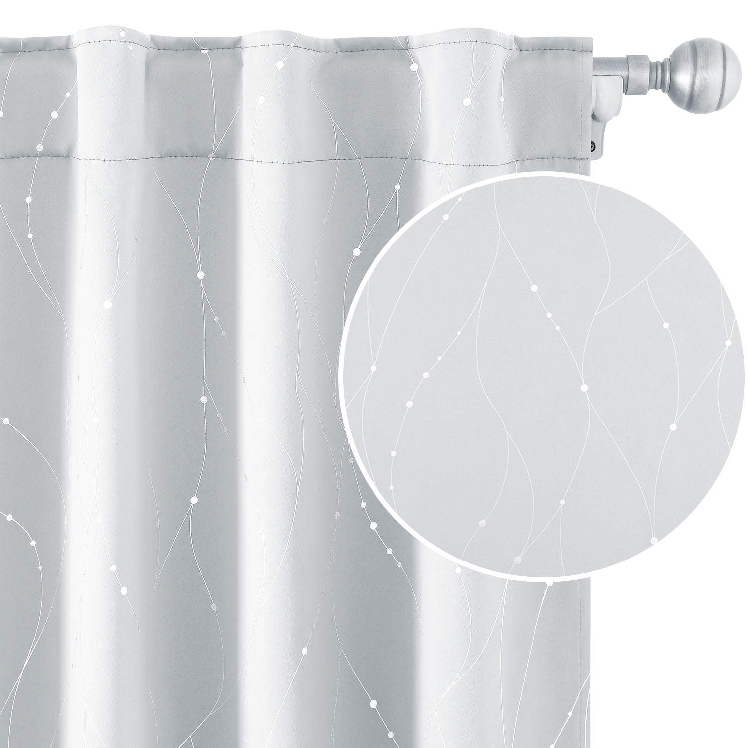 HOMEIDEAS Light Grey Blackout Curtains 52 X 84 Inch Length 2 Panels Silver Wave Line with Dots Printed Back Tab Room Darkening Pocket Thermal Light Blocking Window Drapes for Bedroom