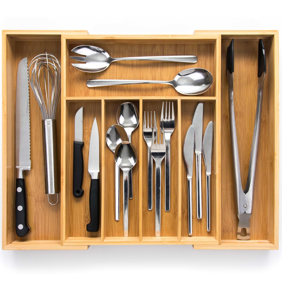 budu Cutlery Tray #38 (Depth 38 cm) Made of Bamboo - Drawer Organiser System for the Kitchen - Cutlery Tray for Bamboo Drawers - Extendable - Kitchen Drawer Organiser