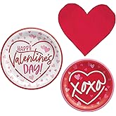 Valentines Day Party Supply Pack for 8 People | Cross My Heart Design Bundle Includes Paper Dinner & Dessert Plates and Heart Shaped Napkins