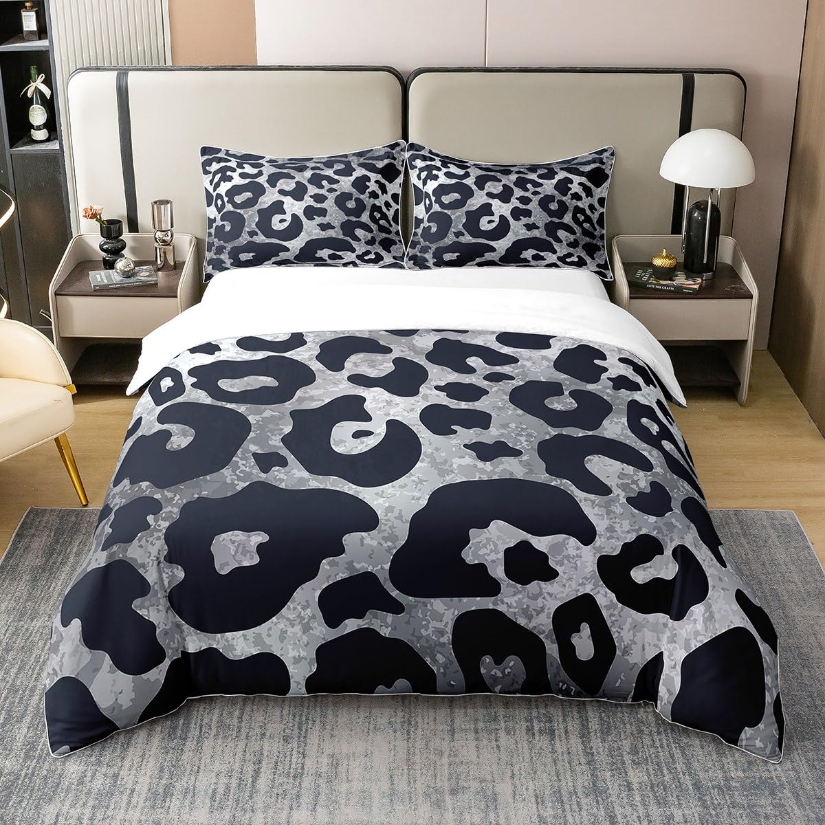 Gray Leopard 100% Organic Cotton Duvet Cover Super King,Cheetah Print Bedding Set for Women,Grey Tie Dye Comforter Cover,Safari Animal Grunge Black Bed Sets with 1 Pillowcase Home Room Decor