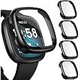 ivoler [4 Pack] Screen Protector Tempered Glass for Fitbit Sense/Versa 3, Hard PC case with Bumper Cover Sensitive Touch Full Coverage Protective Case for Sense/Versa 3 Smart Watch, Black