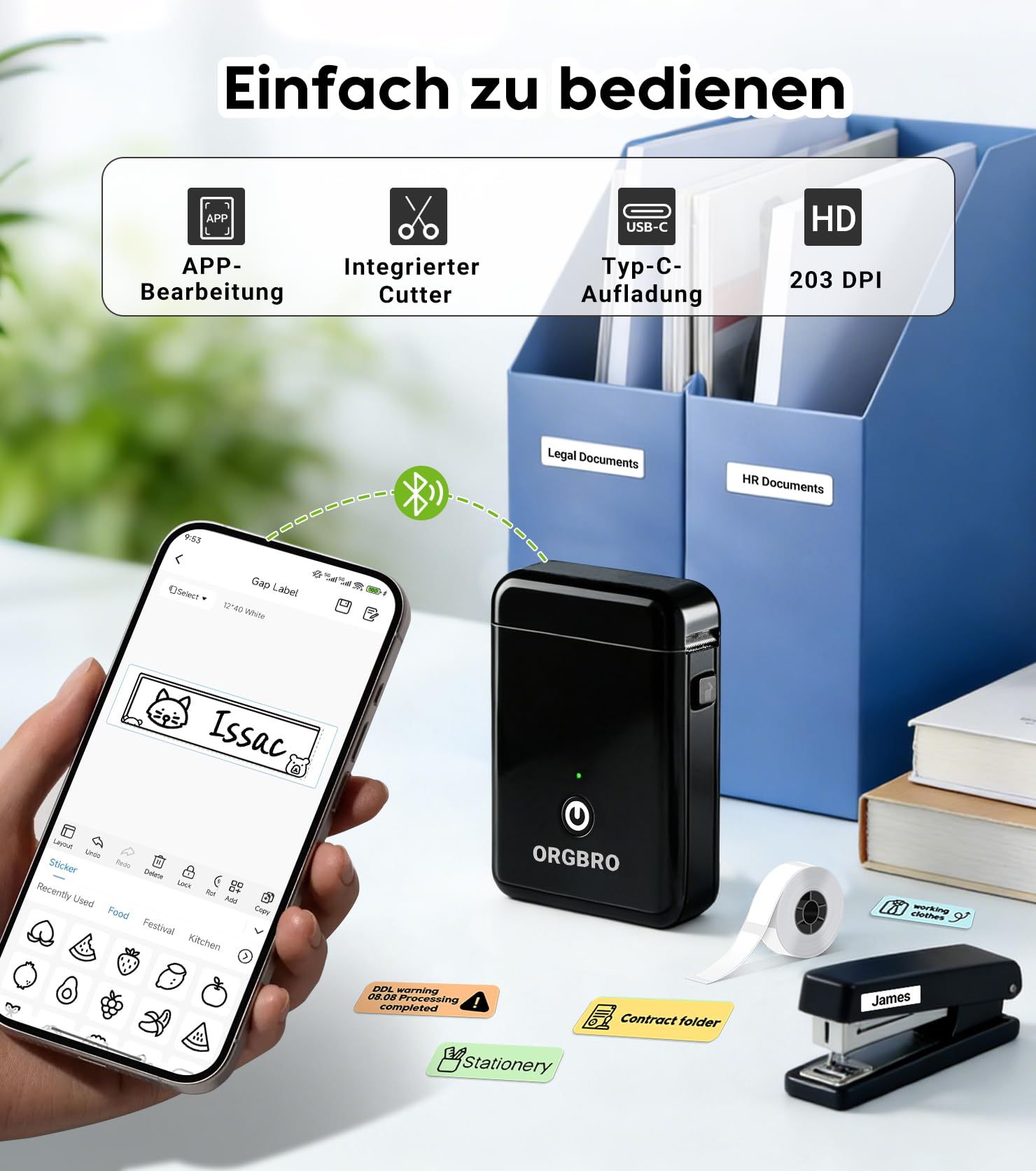 ORGBRO X1 Etikettendrucker, Etikettiergerät Mini Bluetooth Thermal Labeldrucker Selbstklebend Beschriftungsgerät, Tragbarer Label Maker für iOS/Android, Etikettiermaschine für Zuhause, Büro (Schwarz) 3