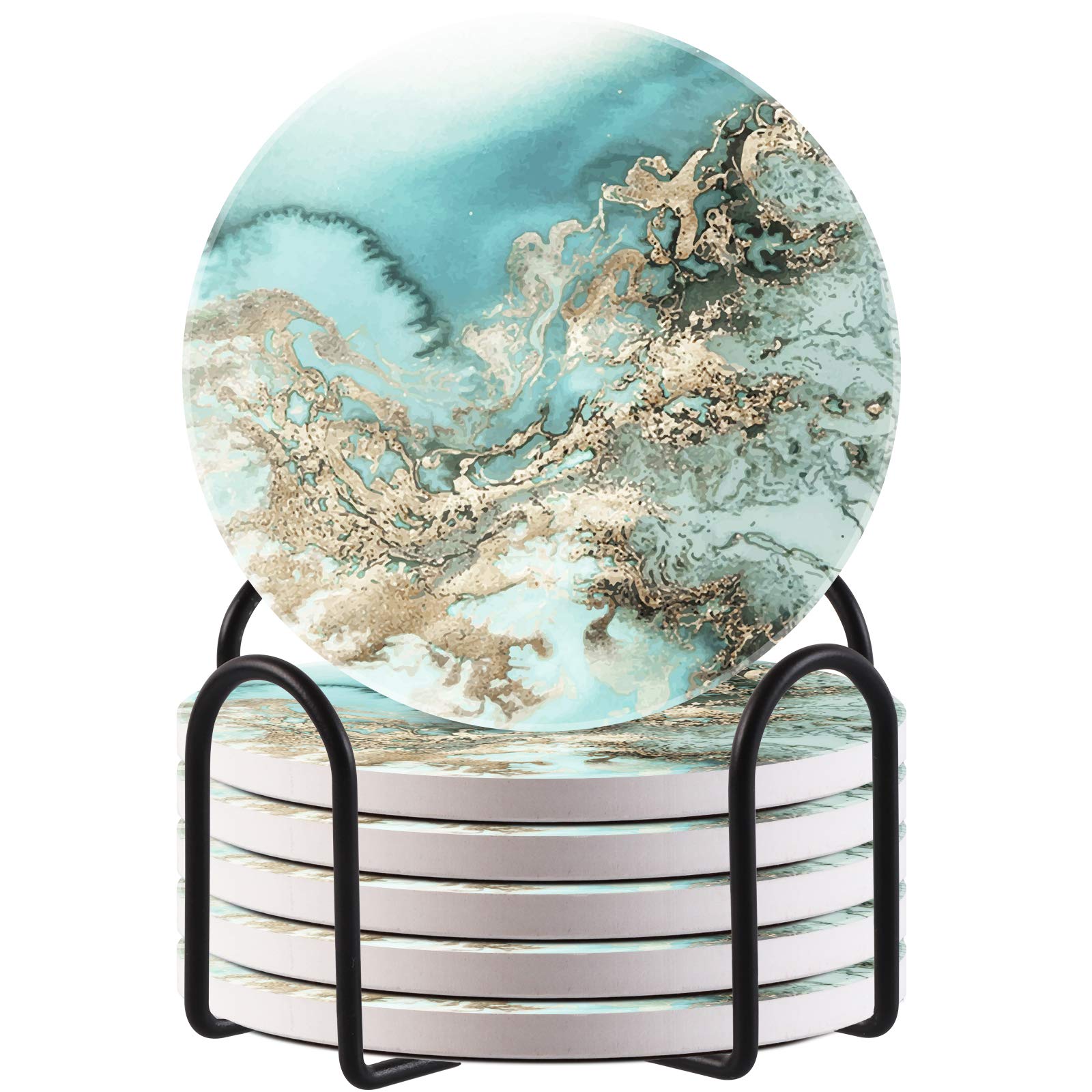 HAOCOO Drink Round Coasters with Holder (Set of 6), Absorbent Ceramic Coasters with Non-Slip & Scratch-Resistant Cork Base (Blue Marble)