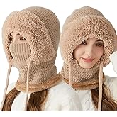 Lokfink 3 in 1 Beanie Hat with Scarf and Mask, 3 in 1 Beanie Hat for Women, Warm Plush-Lined Knit Balaclava Covers