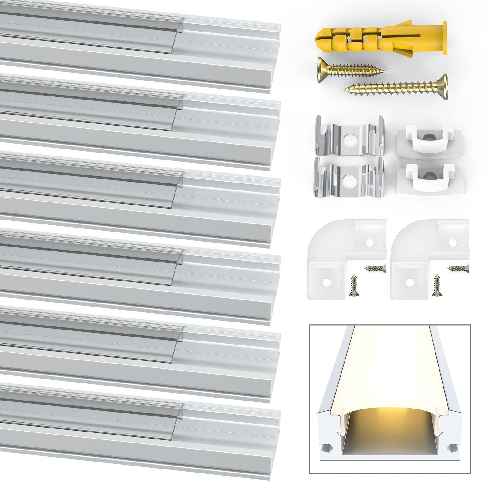 Jirvyuk Led Aluminum Profile, 6 Pack 1m/3.3ft U-Shape Led Channel and Diffuser with Transparent Cover, End Caps and Metal Mounting Clips, Led Strip Profile for Indoor Led Strip Lights(Transparent)