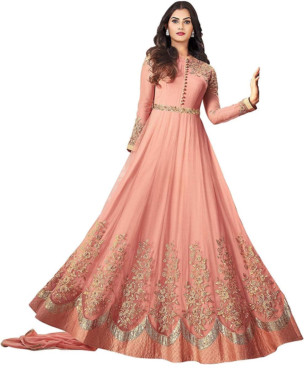 Nirja Women's Net Embroidered Salwar Suit (1257, Light Orange, Free Size)