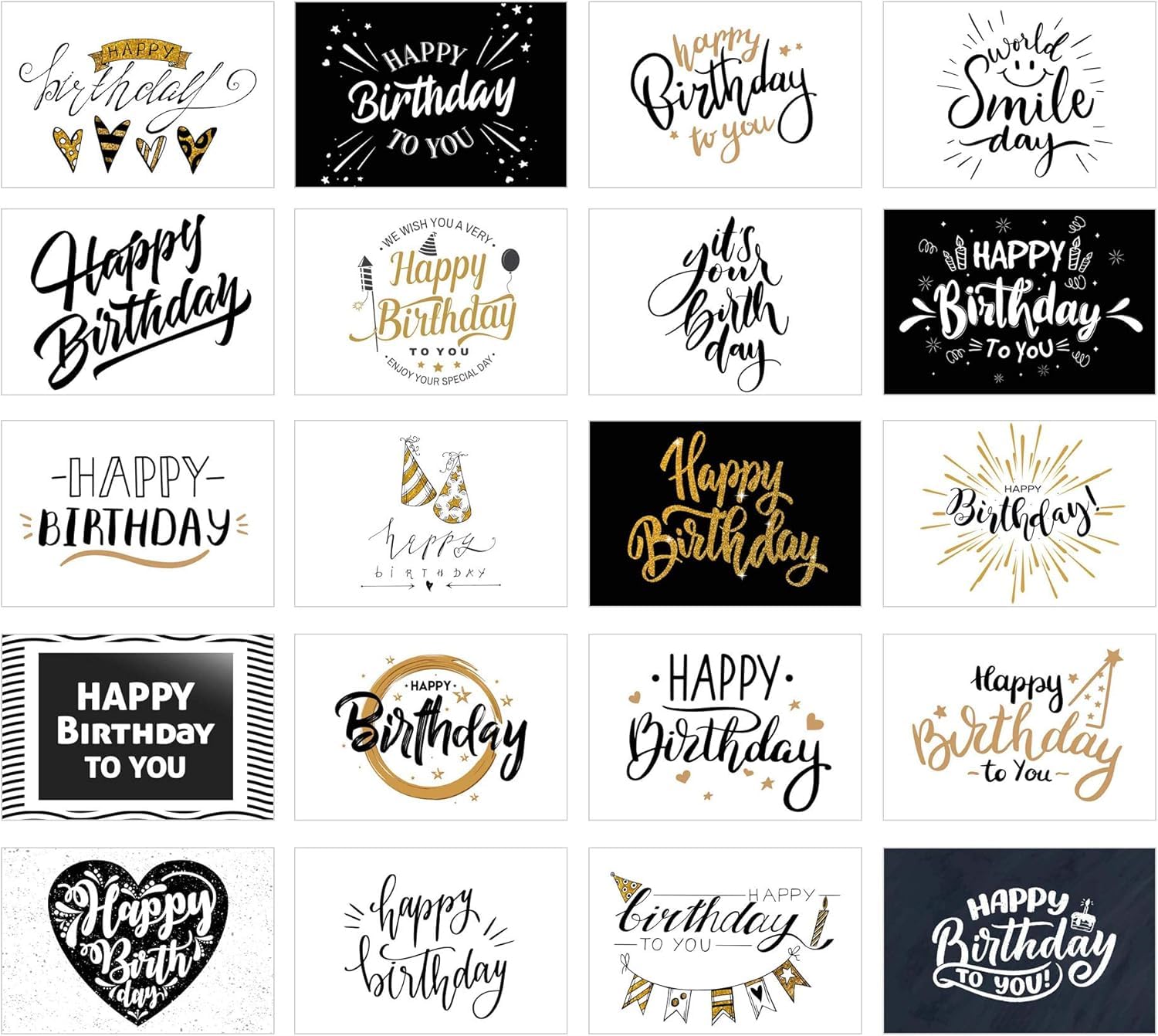 Edition Seidel set of 20 birthday cards, birthday cards, postcards for adults and children, happy birthday cards without envelope - black white gold vintage retro hand lettering