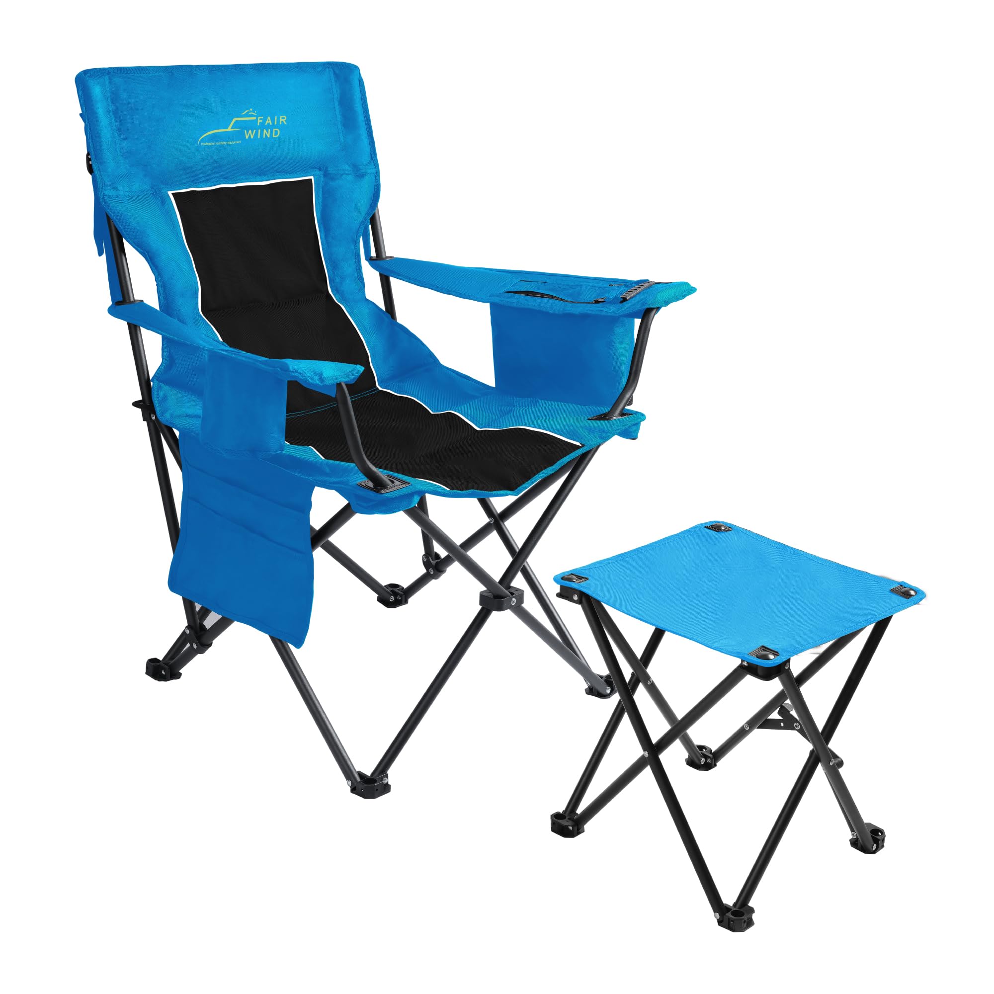 FAIR WIND Oversized Padded Camping Chair with Footrest Stool Heavy Duty Cooler Bag Chair for Fishing, Tailgating, Sports Games, Backyard - Support 300 LBS Blue Image