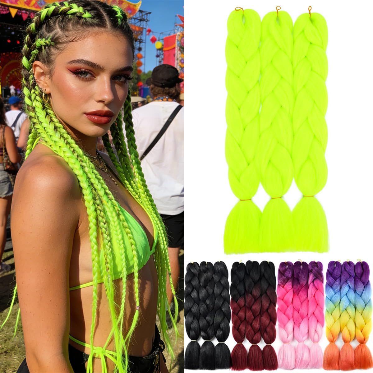 Yamel Braiding Hair Extension,Kanekalon Braiding Hair for Braiding Crochet Twist Box Braids Hair 24Inch 3pcs Greenish Yellow Jumbo Braiding Hair — image 1