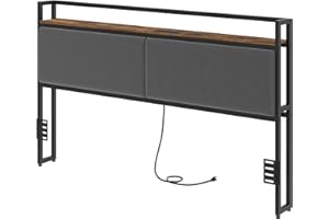 YATINEY King Size Headboard Only, Upholstered King Headboard with Charging Station, Head Board with Open Storage, Height Adjustable, Vintage Style, Sturdy and Stable, Rustic Brown, Gray and Black