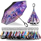 SIEPASA 49/56 Inch Inverted Reverse Upside Down Umbrella, Extra Large Double Canopy Vented Windproof Waterproof Stick Golf Umbrellas with C-shape Handle.